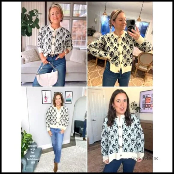 Vintage Floral Cardigan Open Front Chunky Knit Sweater Y2K Retro Chic Outerwear - Picture 2 of 7